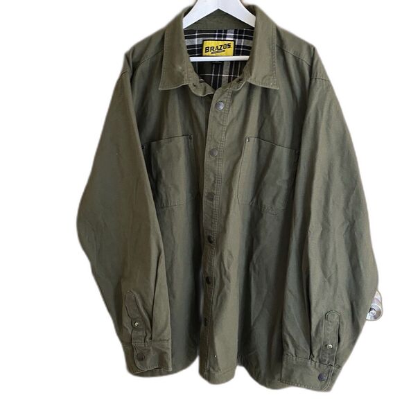 BRAZOS WORK FORCE Jacket Green Twill Flannel Lined Snap Outdoor Mens 2XL XXL - Picture 1 of 12